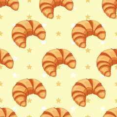 Seamless pattern of delicious Crescent Croissants. Illustration of a cute bread with little stars surrounding it. Pattern for fabric and wrapping paper, Pattern for design wallpaper and fashion prints