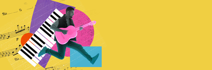 Energy of live performances. Young talented man jumping and playing guitar in abstract colorful...