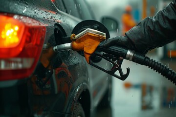 Man refueling car at gas station on a rainy day during inclement weather with wet pavement