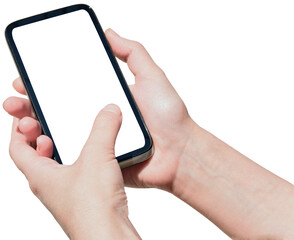 Phone in hand on transparent, png. A woman's hand holds a new modern phone in her hand with a blank white screen