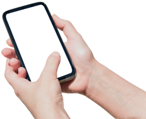 Phone in hand on transparent, png. A woman's hand holds a new modern phone in her hand with a blank white screen