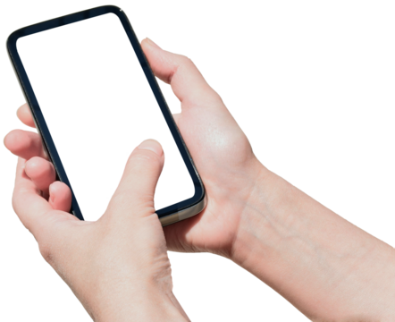 Phone in hand on transparent, png. A woman's hand holds a new modern phone in her hand with a blank white screen