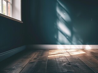 Dark blue room with sunlight shining through the window
