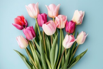 Bouquet of pink and white tulips on a blue background. Greeting card for Mother's Day, Woman's Day, Easter, Valentine's Day, Wedding, and Birthday celebration.