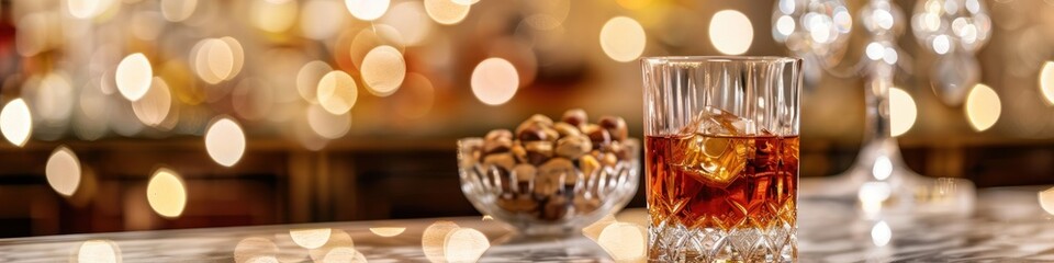 Glass of whiskey in a crystal glass. Bowl of nuts. Bokeh lights in the background.