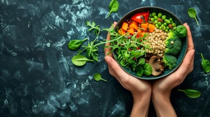 Wholesome vegan lunch bowl with avocado, mushrooms, broccoli, and spinach for a nutritious meal
