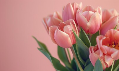 Tulips on pink background. Greeting card for Valentine's Day, Woman's Day, Mother's Day, Easter.