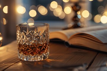 Glass of whisky with ice on wooden table. Bokeh lights in the background.