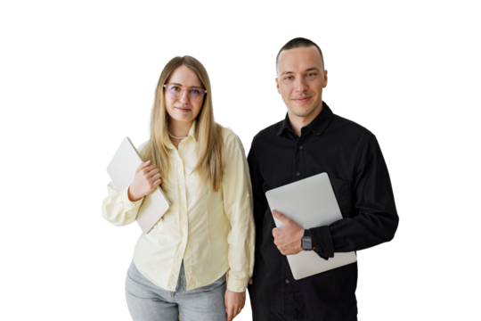 Positive creative male and female colleagues and office staff use the tablet. Transparent background.