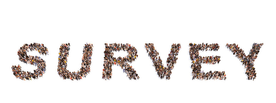 Concept or conceptual large community of people forming the the word SURVEY. 3d illustration metaphor for feedback and rating, evaluation, satisfaction, business,  online, marketing and research