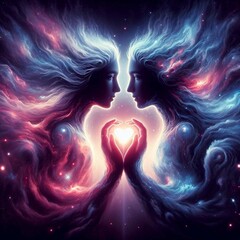 Twin flame couple. Soulmates. The concept of magical, esoteric, tantric, spiritual love. Connection between souls. Illustration for websites and much more. Created using generative ai tools.