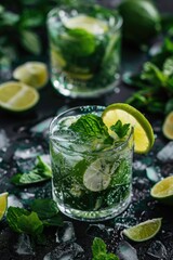 A refreshing mojito cocktail with crushed ice, garnished with abundant mint leaves