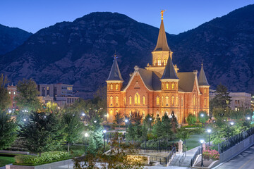 Provo, Utah, USA at Provo City Center Temple at twilight.