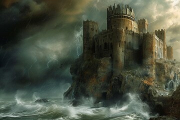 This photo shows a painting of a castle standing proudly in the middle of the vast ocean waters,...