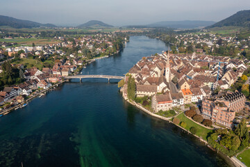 Fototapeta na wymiar Aerial view of the Stein am Rhein medieval village by the Rhine river in Canton Schaffhausen in eastern Switzerland