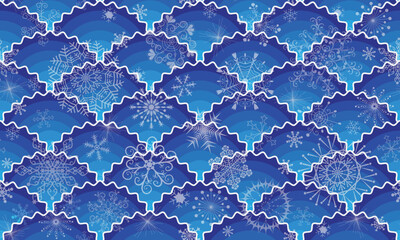 Vector Christmas hand drawn white and blue seamless pattern with vintage snowflakes, stars and wavy circles