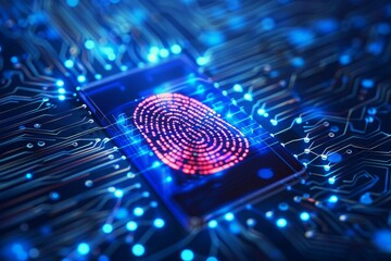 Glowing fingerprint on a digital biometric scanner representing advanced technology for secure authentication and access control