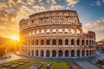 The sun casts its golden glow as it sets behind the iconic Colosseum in Rome, Italy, Ancient Roman colosseum under the setting sun, AI Generated