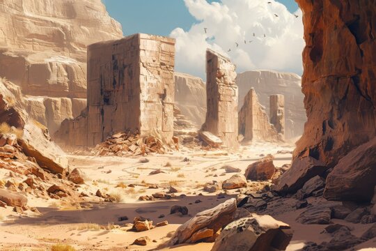 A photograph capturing a desert landscape with rock formations and birds soaring through the sky, Ancient crumbling ruins in a desert landscape, AI Generated