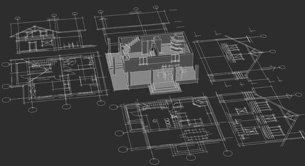 house architectural project sketch 3d illustration	
