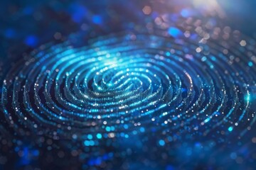Vibrant blue fingerprint recognition interface activated by a human finger, concept of cybersecurity, data protection, and digital identity - obrazy, fototapety, plakaty