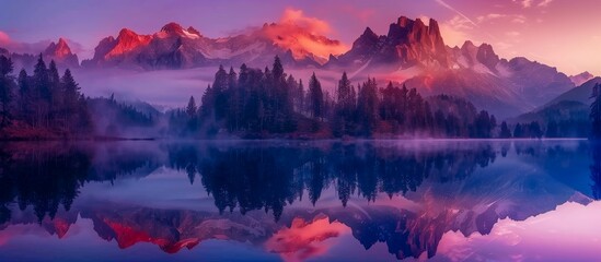 Crimson Crests and Misty Reflections: Twilight Enchantment at a Serene Mountain Lake - obrazy, fototapety, plakaty