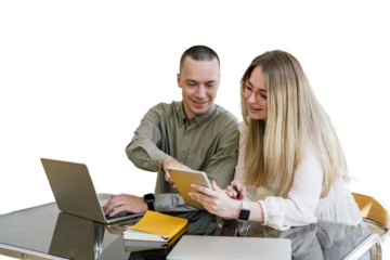Positive creative male and female colleagues and office staff are using a tablet and a laptop. Transparent background.