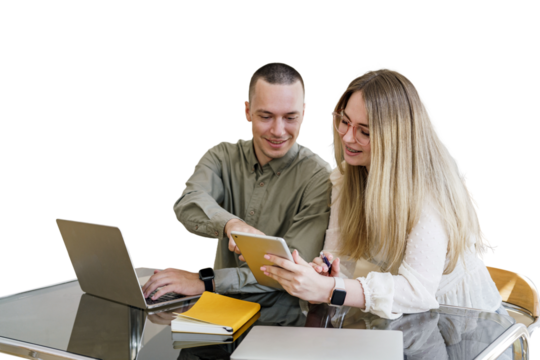 Positive creative male and female colleagues and office staff are using a tablet and a laptop. Transparent background.