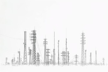 This photo captures a black and white scene featuring power lines stretching across the horizon, Antenna towers drawn in minimalistic, black and white lines, AI Generated