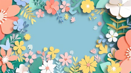 Floral patterns around edges. Beautiful background with delicate plants blooming at edges on white backdrop. Horizontal border with pastel spring summer flowers