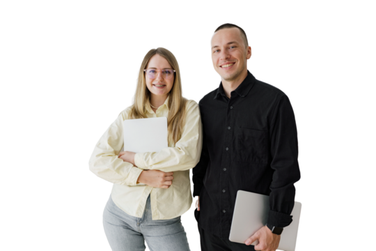 Positive creative male and female colleagues and office staff use the tablet. Transparent background.