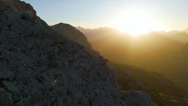 Aerial view of Dolomites at sunset with Pizes de Cir, Trentino, Italy.