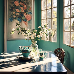 dining room with flowers