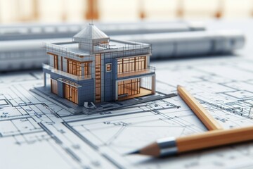 Blueprint of a House With a Pencil on Top, Architectural design theories layered over upcoming construction engineering project, AI Generated