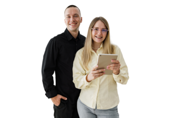 Creative male and female colleagues and office staff use the tablet. Transparent background.