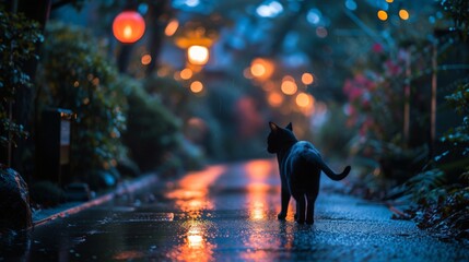 Mysterious black cat walking in the rain on wet urban street with glowing lights in background - obrazy, fototapety, plakaty