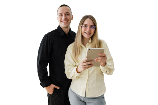 Creative male and female colleagues and office staff use the tablet. Transparent background. - Powered by Adobe