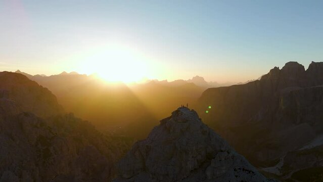 Aerial view of Dolomites at sunset with Pizes de Cir, Trentino, Italy.