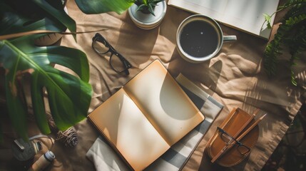flat lay, everyday things / things you need in the office or in your free time like cup of coffee, glasses, pencils, notebook, book, ear phones ect., copy and text space, 16:9