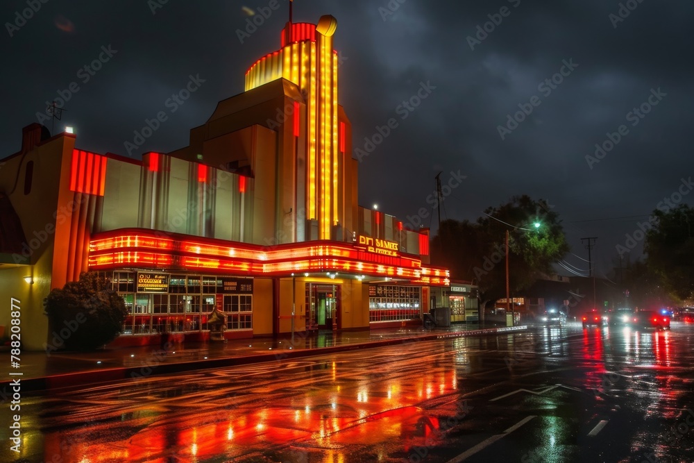 Poster a large building brilliantly lit up with an array of lights, showcasing its grandeur and architectur