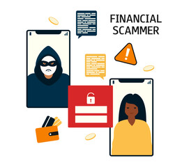 Woman on the phone screen and scrammer. Concept of online fraud, cyber crime, data hacking. Vector flat illustration isolated on white background. 