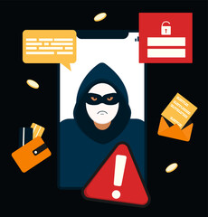 Scammer. Man with mask in smartphone. Steal money from mobile phone. Financial security concept. 