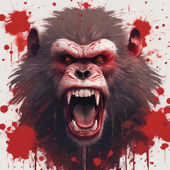 Scary looking baboon, blood splatter art.