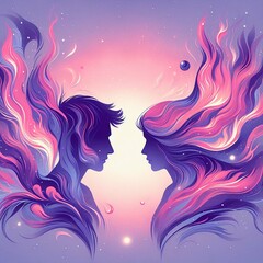 Twin flame couple. Soulmates. The concept of magical, esoteric, tantric, spiritual love. Connection between souls. Illustration for websites and much more. Created using generative ai tools.