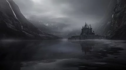 Fotobehang Background for a scary fairy tale background, a dark gothic castle in a dark dead valley, some kind of gray place in a gloomy area of a mountainous region © Надежда Семироз