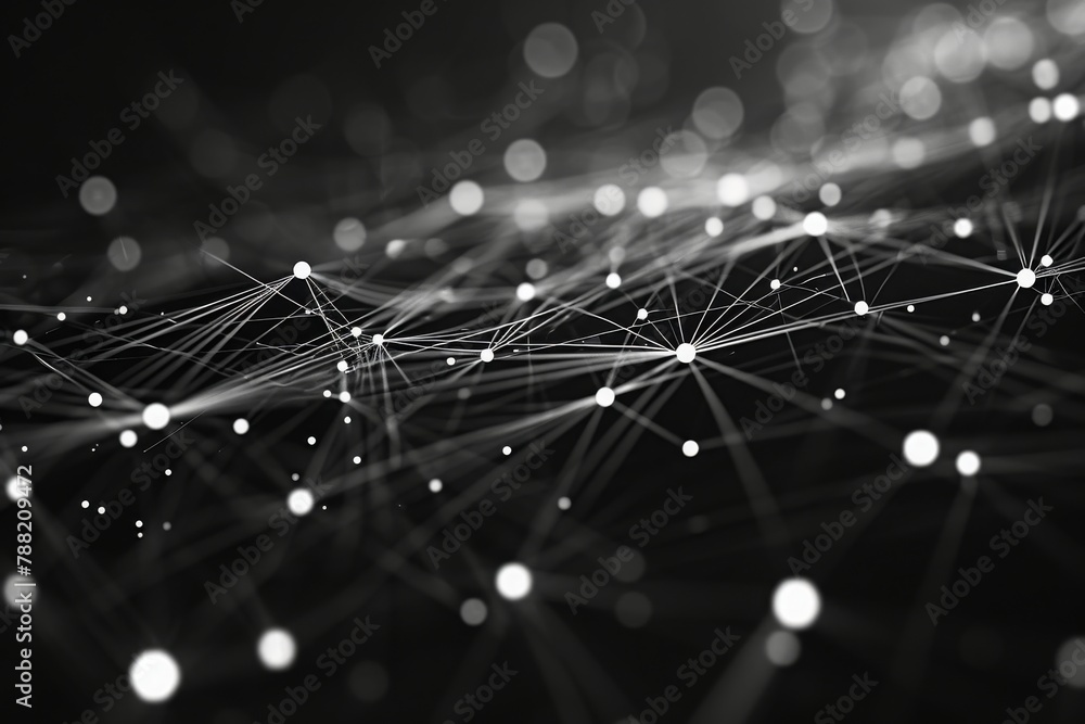 Poster a black and white photo featuring intersecting lines and scattered dots, creating a geometric patter