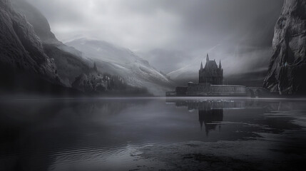 Background for a scary fairy tale background, a dark gothic castle in a dark dead valley, some kind of gray place in a gloomy area of a mountainous region - obrazy, fototapety, plakaty