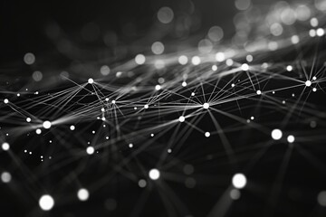 A black and white photo featuring intersecting lines and scattered dots, creating a geometric pattern, Artistic image of a cyber network in black and white, AI Generated