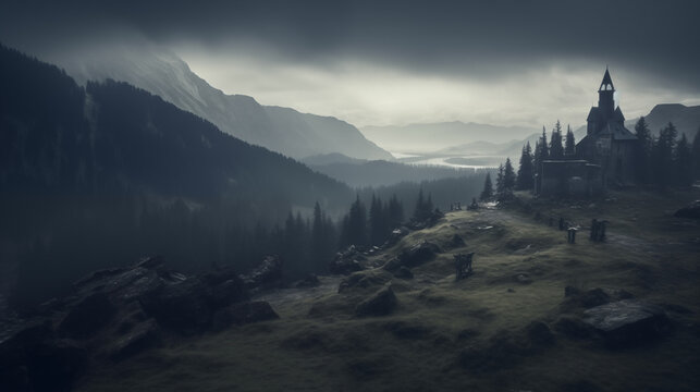 Background for a scary fairy tale background, a dark gothic castle in a dark dead valley, some kind of gray place in a gloomy area of a mountainous region