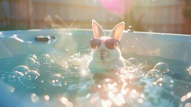 Playful White Rabbit Relaxing in a Hot Tub: Vibrant and Energetic Afternoon Scene
